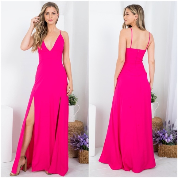 FUCHSIA SPAGHETTI STRAP WITH BACK ZIP CLOSURE DOUBLE SLIT MAXI DRESS - Picture 1 of 9
